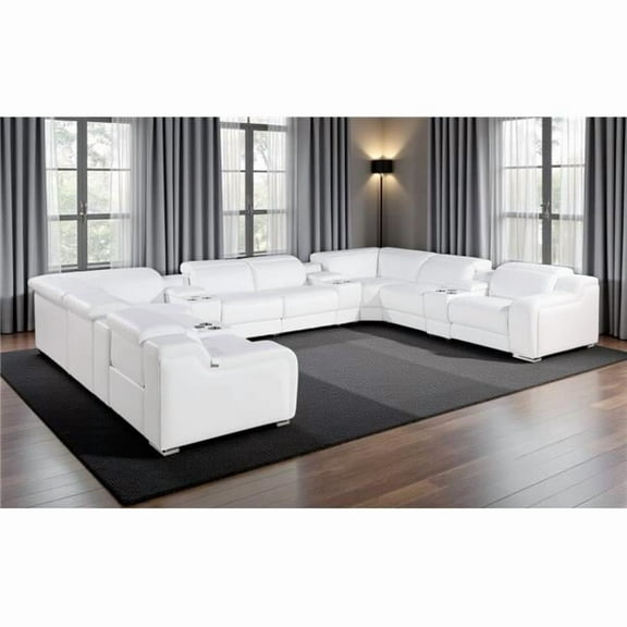 HomeRoots 632551 White Italian Leather Power Reclining U Shaped 12 Piece Corner Sectional with Console