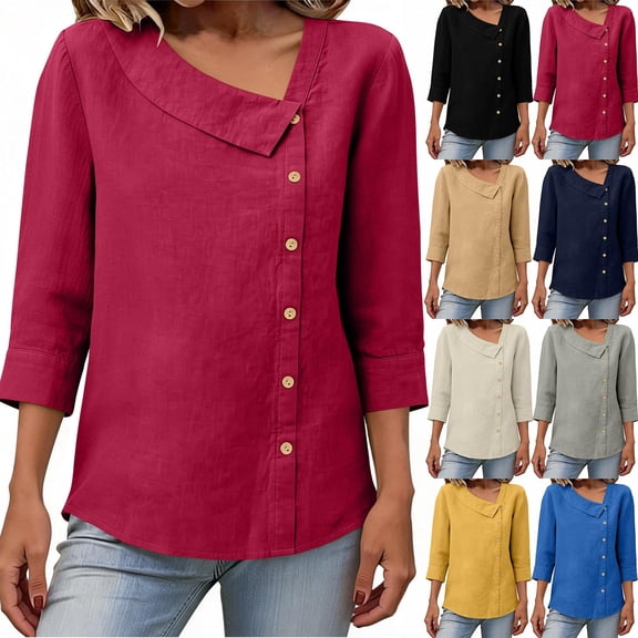 Paiwinds Women's 3/4 Sleeve Button Up Top Casual Solid Color Blouse Soft Cotton Linen Blend