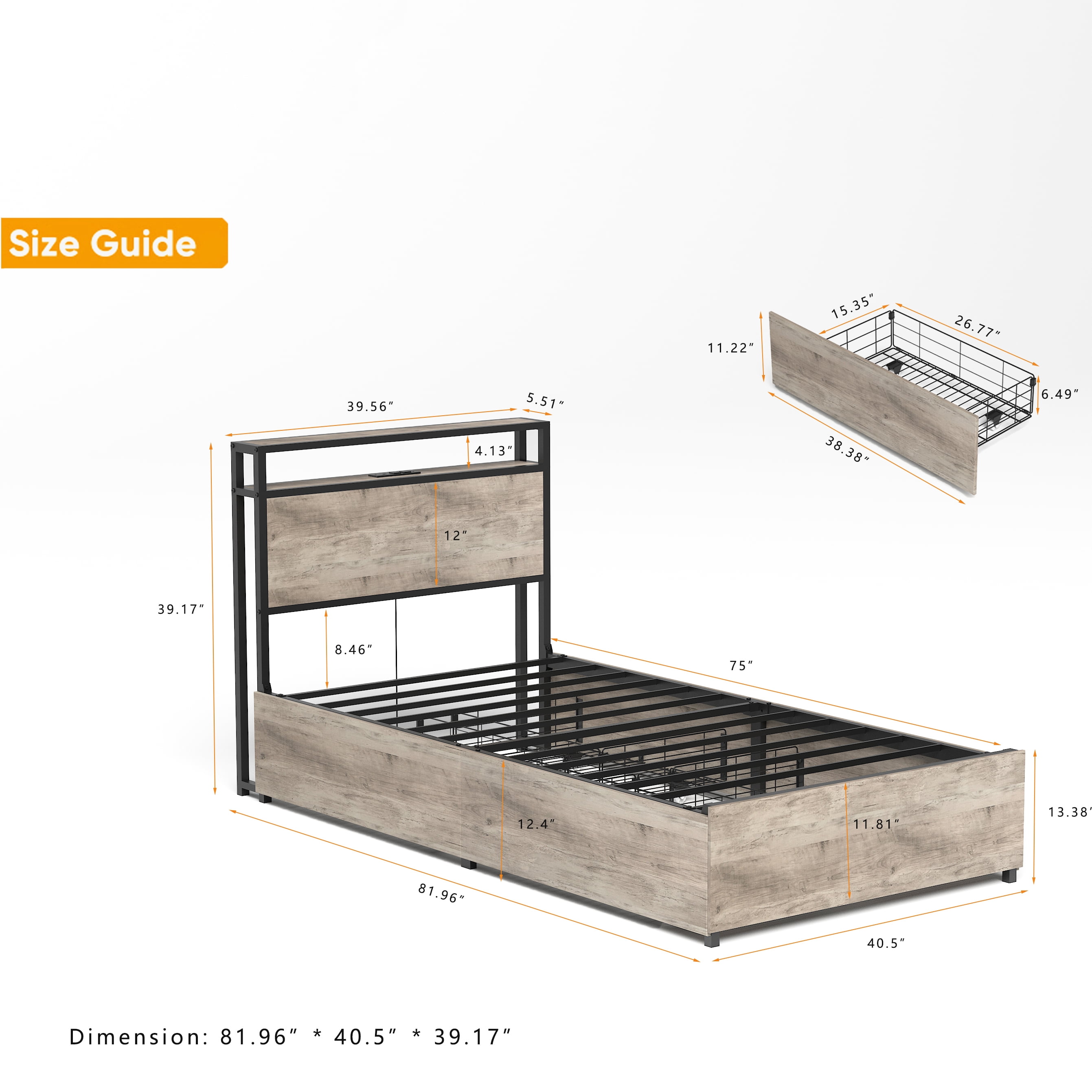 Miniyam Twin Size Bed with Storage Headboard, Charging Station for Teens, Gray