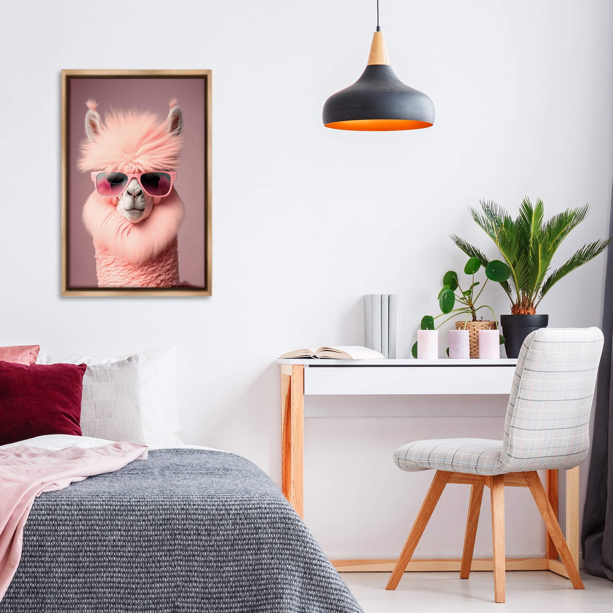 Stupell Industries Fluffy Pink Glam Alpaca Animals & Insects Painting Brown Floater Framed Canvas Art Print Wall Art, 21 x 31
