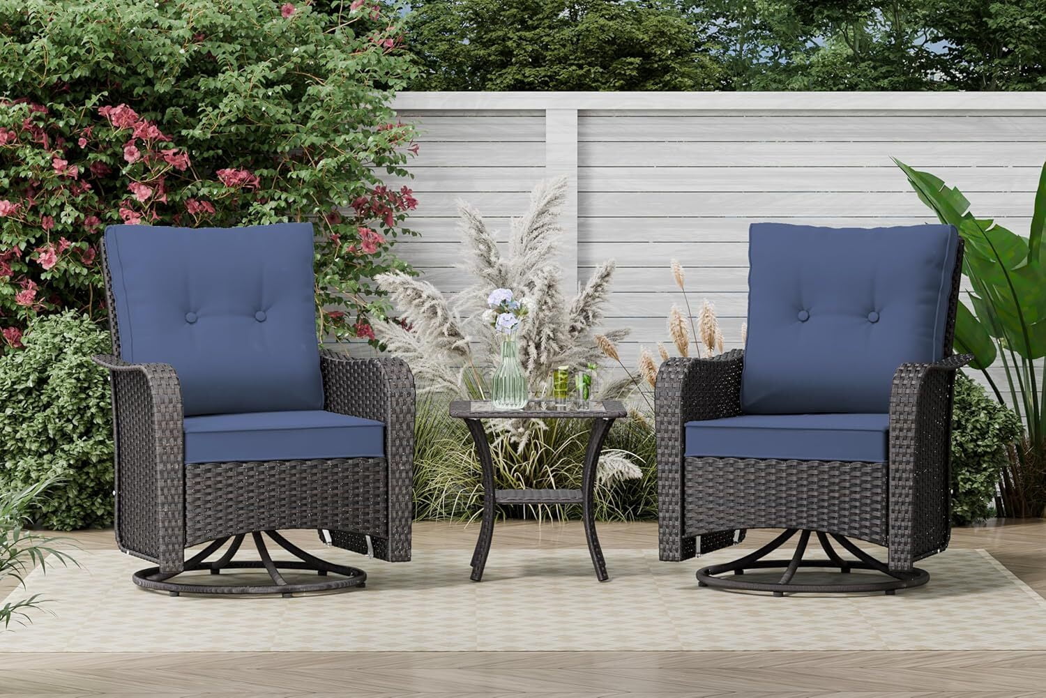 ASJMR 3PCS Patio Wicker Chairs Swivel Rocker with Coffee Table and Cushions, Outdoor Rattan Rocking Chairs for Porch Pool, Navy Blue