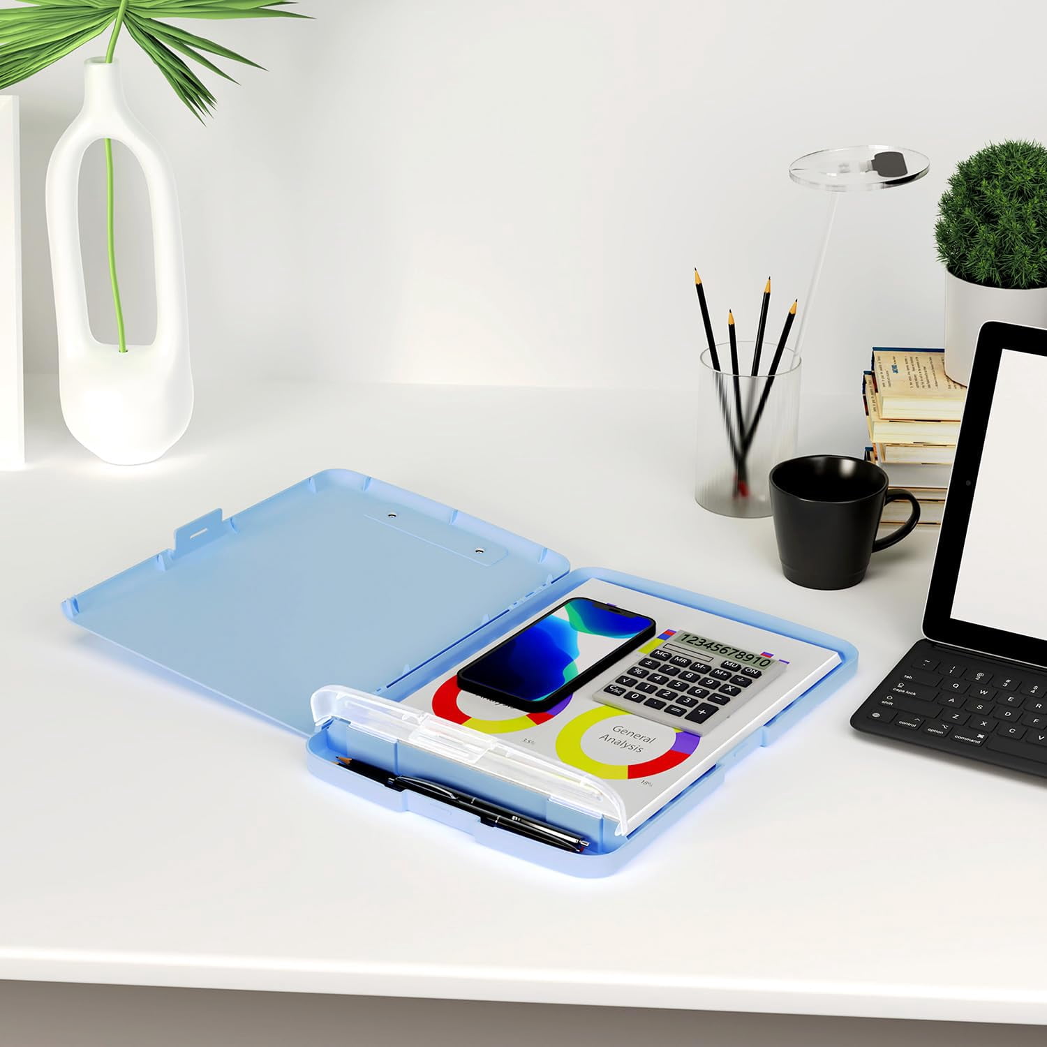 Clipboard with Storage, 8.5 x 11 Organization Box with Pen Holder and A4 Legal Paper Folder, Folio & Side-Opening, Low Profile Clip,for Nurses,Teachers, Size 14 x 9.6 x 1.2 in