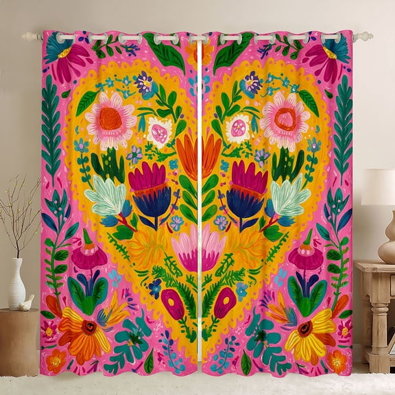 Manfei Colorful Graffiti Flower Black Out Curtains,Oil Painting Artwork Curtains Pack of 2 (42x63 Each),Pink Green Orange Bedroom Curtains For Girls Kids,Microfiber Bedroom Decor