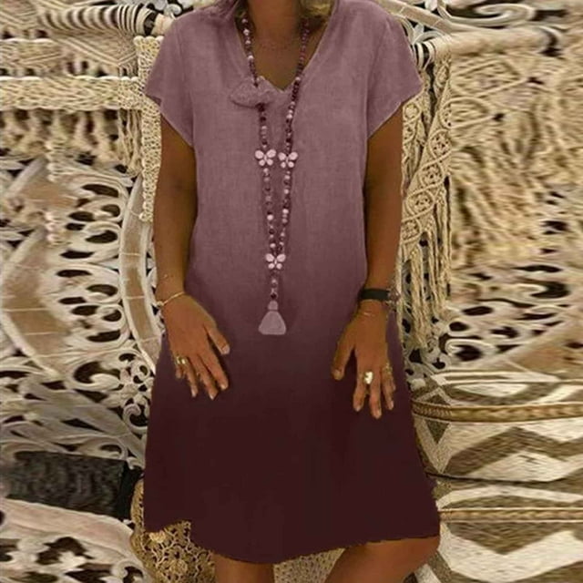 Fartey Robes d'Été pour Femmes Mode Dégradé Coton Lin Robe à Manches Courtes Élégante Col en V Coupe Décontractée Robe d'Été Légère Plage Vacances Robe Soleil
