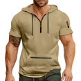 thumbnail image 3 of Men's Summer Short Sleeve Hooded Sweatshirt with Zipper Pocket, Oversized Casual Pullover for Sports, Warm Weather,Khaki,M, 3 of 6