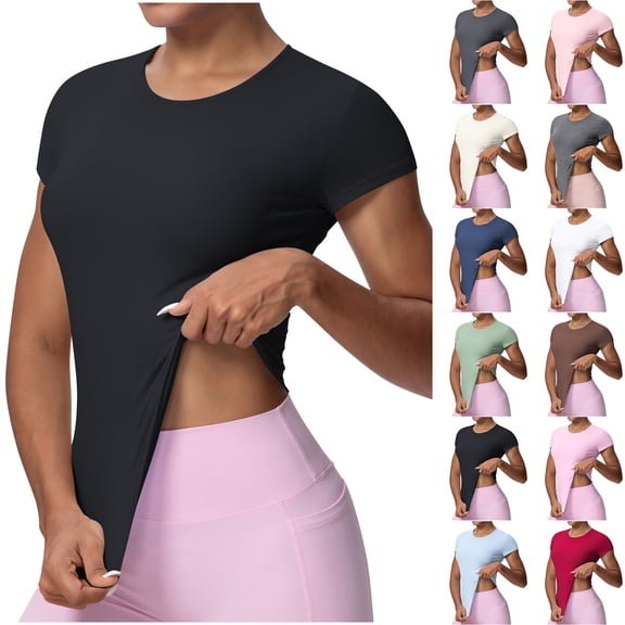 FRSASU Women's Compression Workout Shirts Breathable Quick Dry Gym Short Sleeve Blouses Crew Neck Basic Tops Slim Fit Shirt White