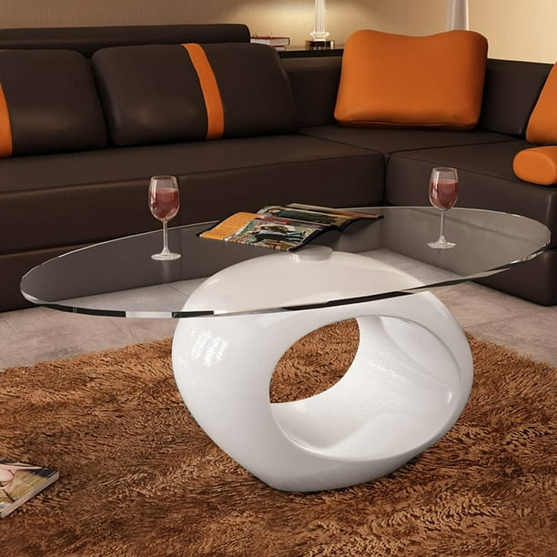 Walfront Coffee Table With Oval Glass Top High Gloss White Walmart Com Walmart Com