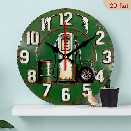 A 10-inch 2D flat wooden circular clock with a "retro green gas station" theme. It is suitable for decoration in bedrooms, living rooms, and offices. It is an ideal gift for Christmas and New Year.