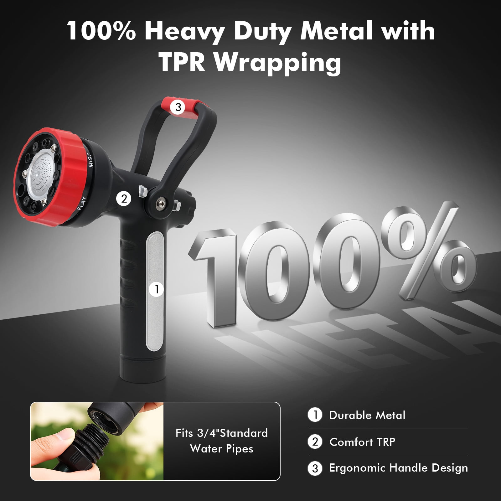 Restmo Heavy Duty Garden Hose Nozzle, High Pressure Fireman Style Nozzle with Lever Handle and Slip Ergonomic Grip, 6 Adjustable Spray Patterns for Watering Lawn and Garden, Washing Car & Cleaning