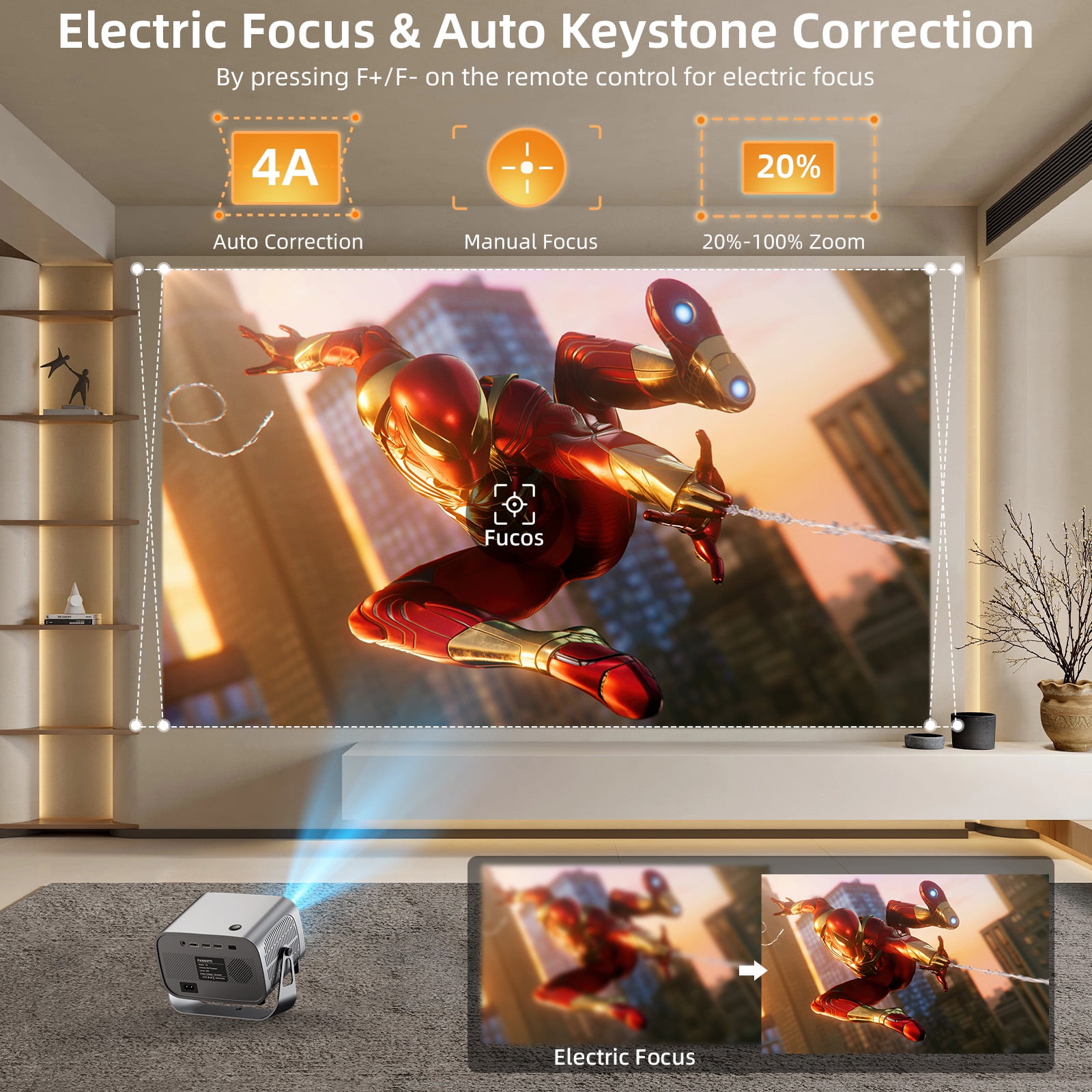 Smart Projector, Native 1080P with 4K Support, WiFi Bluetooth, Auto Focus, Keystone Correction, 360° Stand, 300'' Display for Home Theater
