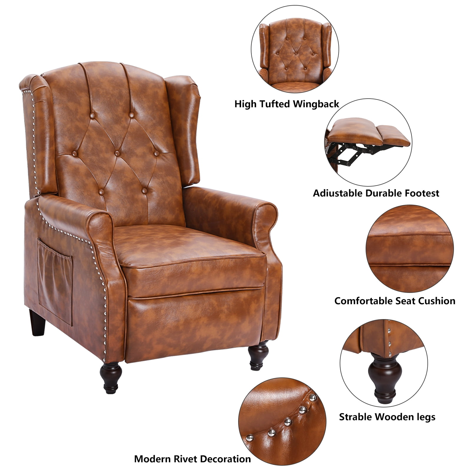 Wingback Recliner Chair, Push Back Arm Chair with Heat and Massage, PU Leather Single Sofa for Home, Living Room, Office, Bedroom