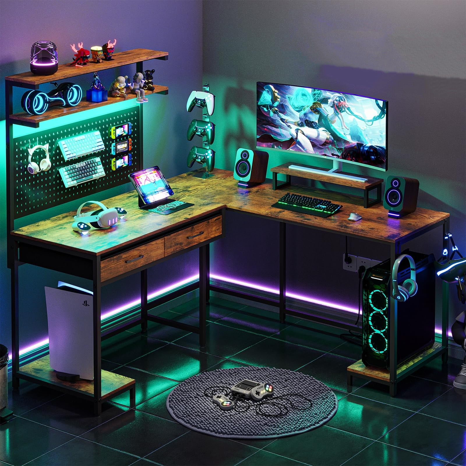 L Shaped Gaming Desk with LED Lights Pegboard and Drawers Corner Computer  Table