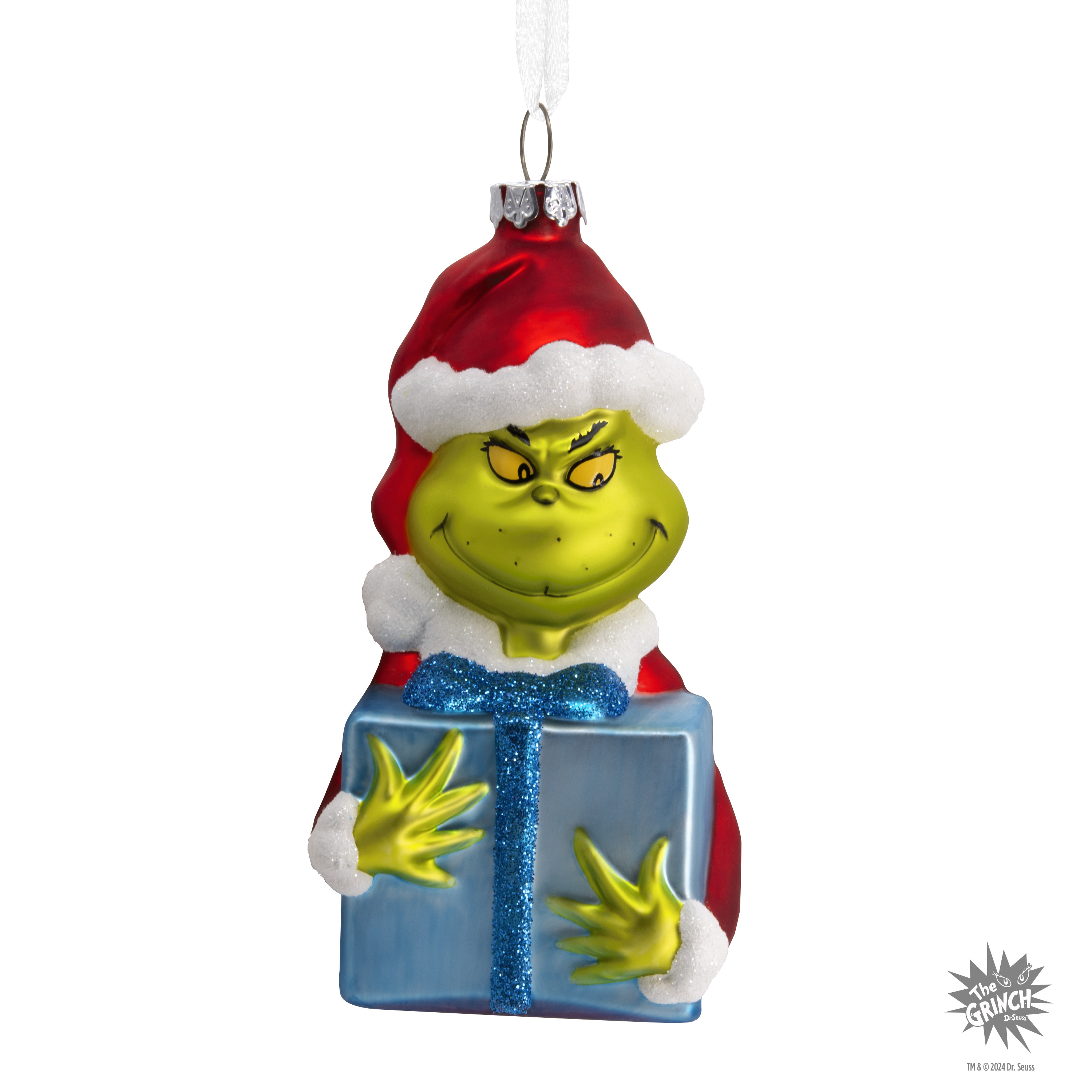 Décoration Hallmark de Noël (Le Grinch avec cadeau, Comment le Grinch a volé Noël ! de Dr. Seuss, en verre soufflé)