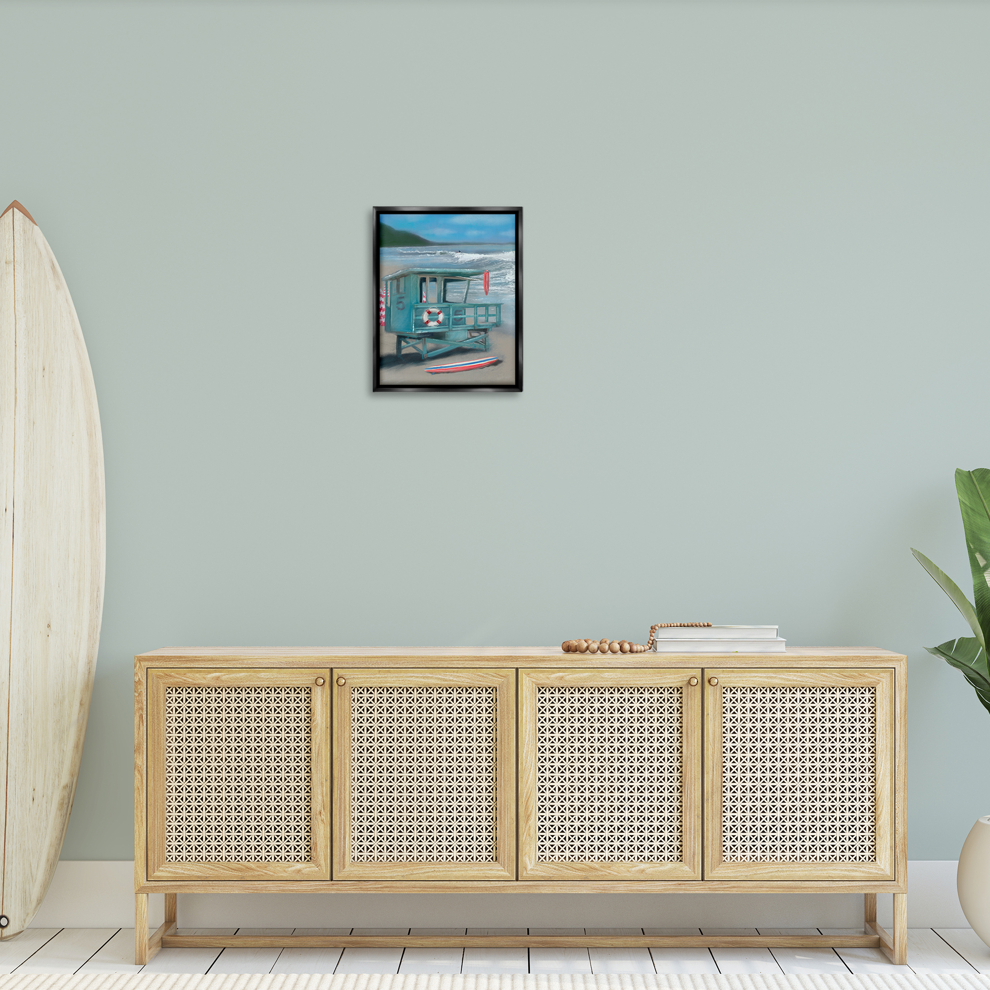 Stupell Industries Lifeguard Stand on Shore Coastal Painting Black Floater Framed Canvas Art Print Wall Art, 17 x 21