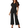 thumbnail image 2 of INSPIRAR CHIC Mono de V Cuello para Mujeres, Cintura Alta, Con Volantes, Manga Corta Casual Elegante, Mono Largo de Pierna Ancha, Negro M, 2 of 6