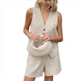 thumbnail image 3 of Conjuntos de Verano para Mujer, Conjunto de Dos Piezas para Vacaciones, Conjunto Corto con Botones, Ropa Informal de Negocios y Elegante de Dos Piezas. Caqui M, 3 of 10