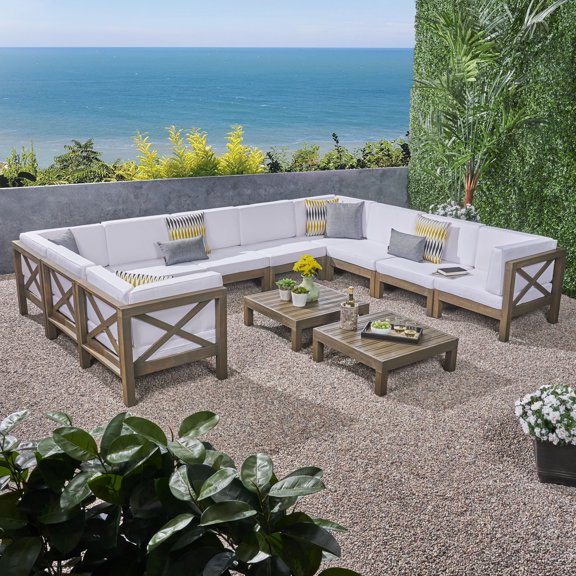 Noble House Brava Outdoor Wood 10 Seater U-Shaped Sectional Sofa Set Gray/White