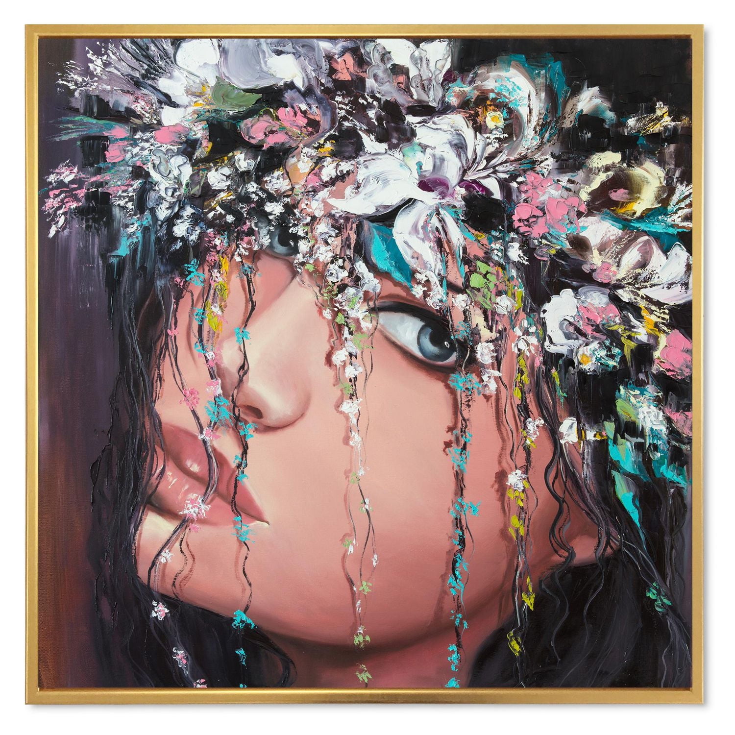 Designart Portrait d'une jeune femme aux fleurs II ART MURAL À CADRE FLOTTÉ