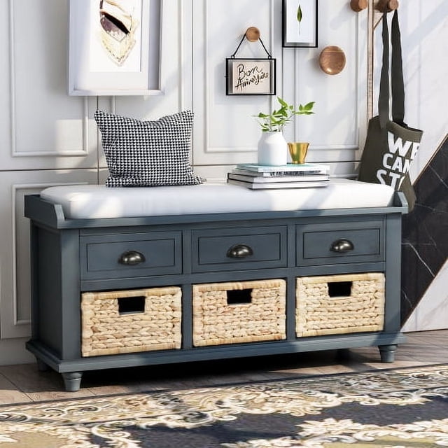 Banc de Rangement Rustique avec 3 Tiroirs et 3 Paniers en Rotin, Banc de Rangement pour Chaussures pour Entrée, Salon (Bleu Marine Antique)