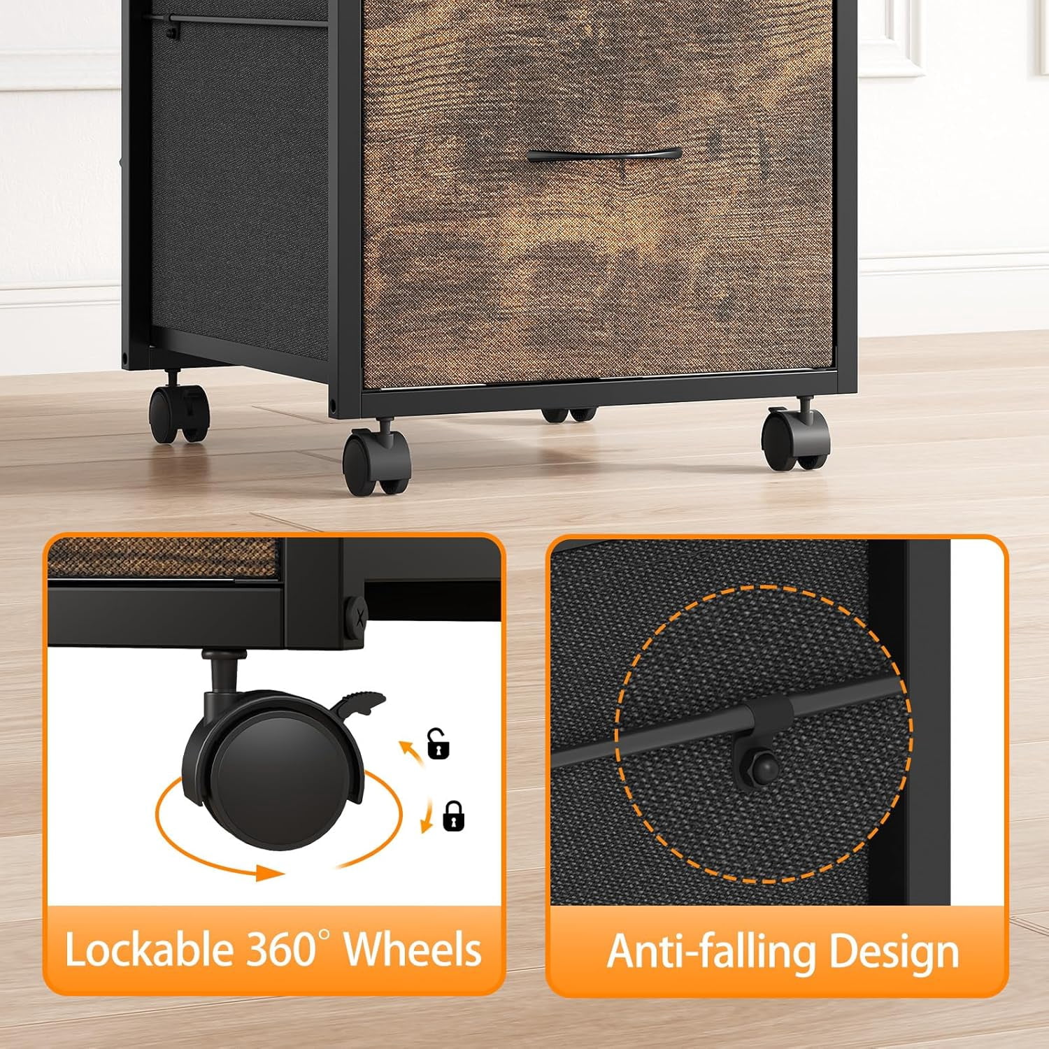 Ktaxon Height File Cabinet, Rolling File Cabinet Mobile Tall File Cabinet with Wheels, Fabric Drawers Printer Stand for Home Office, Fits Letter Size, Rustic Brown