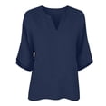 thumbnail image 4 of T Shirts For Women Blue Womens Tops Fashion Linen For Casual Solid Color V Neck 3/4 Sleeve Loose Blouses Summer Tops, 4 of 5