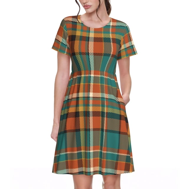 Balery colorful plaid Vestidos sueltos de manga corta para mujer, vestidos de verano 2025, vestidos casuales de corte A con vuelo.