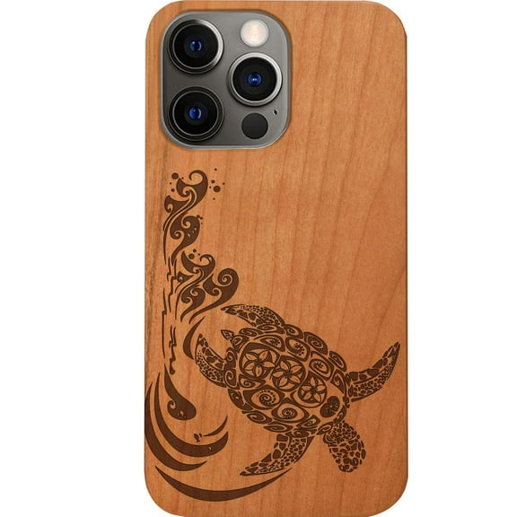 Hawaiian Turtle 3 - Engraved Wooden Phone Case for iPhone 14 Pro Max, Color:Cherry
