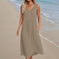 thumbnail image 2 of Hurxie Women's Summer Boho V-Neck Cotton Tunic Dress Casual Loose Short Sleeve Midi Long Beach Dress Khaki,M, 2 of 4