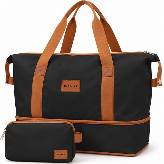 Gynky Travel Duffel Bag 2 Set Weekender Bags for Women Large Expandable with Make up Bag Carry On Overnight Gym Duffel Bags with Wet Pocket Hospital Bags for Labor and Delivery Black