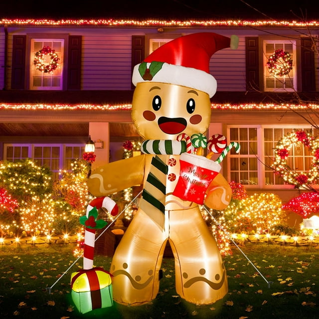 AMBN Christmas Gingerbread Man Inflatables Outdoor Decorations Inflatable Xmas Yard Decorations With Build-in 8 LEDs Christmas Blow-up Yard Decorations For Outdoor