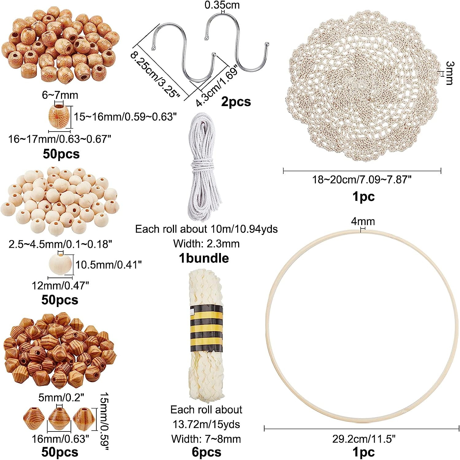 161 Pcs Wooden Beads Kits Round Barrel Bicone Wood Beads with Polypropylene Fiber Ribbons Bamboo Circle Cross Stitch Hoop Ring Cotton Lace Cup Coasters DIY Decorations Making