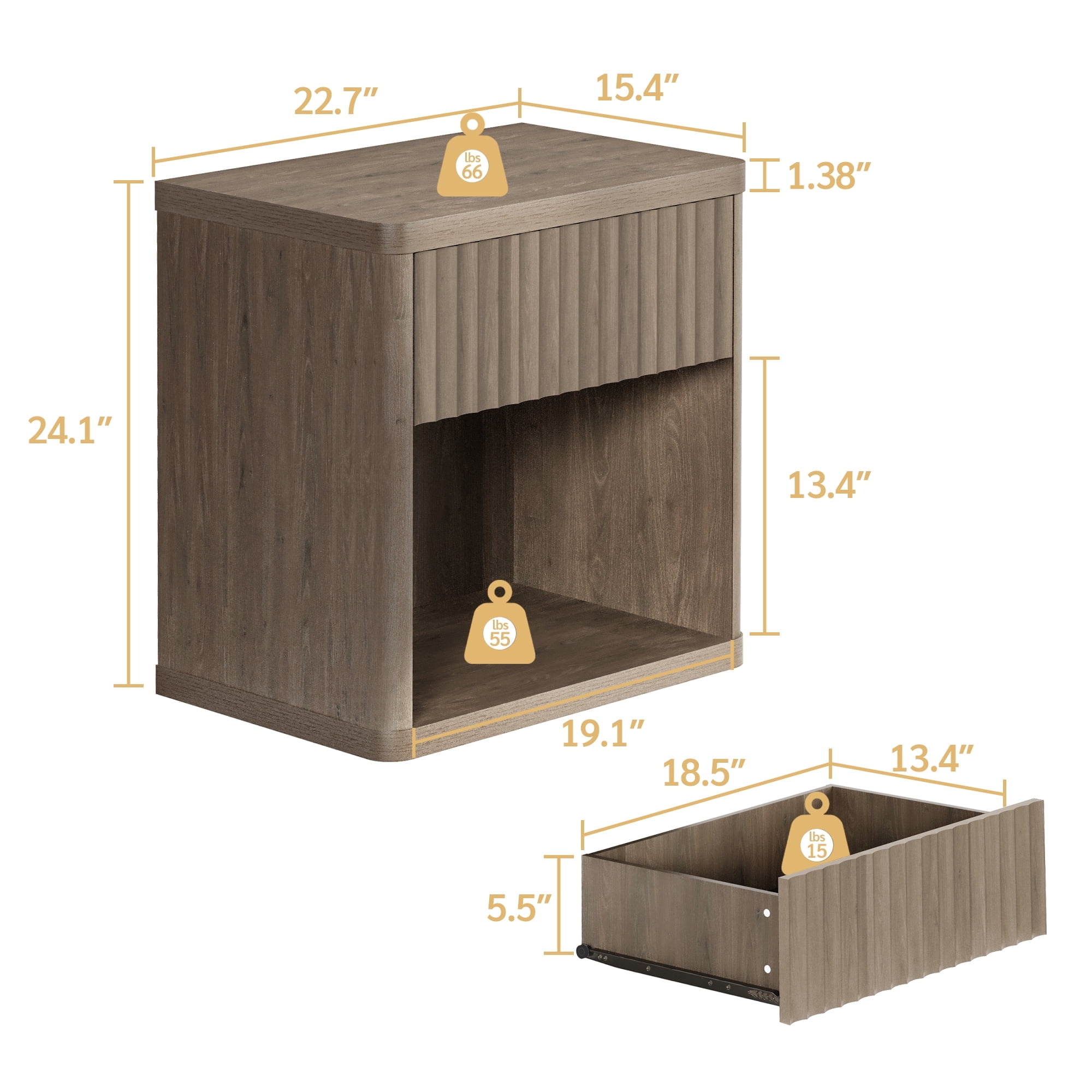 SICOTAS Fluted Nightstands for Bedroom, Farmhouse Bedside Tables with Drawer & Open Shelf,  Wood End Table for Living Room in Grey