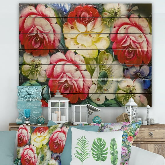 Designart 'Vintage VIbrant Yellow and Red Flower Still Life I' Traditional Print on Natural Pine Wood