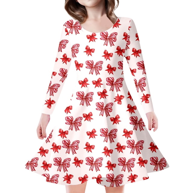 MIASHUI Robe Imprimée Mignonne pour Filles Printemps Été Manches Longues Décontractées Robes Évasées, Rouge, 8-9 Ans