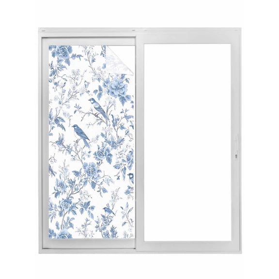 White Blue Spring Floral Window Privacy Film, Summer Birds Botanical Static Cling UV Sun Blocking Tint Film Heat Control Windows Films for Bedroom Bathroom, Window Stickers 23.6"x59"