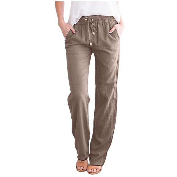 CQONEPT Cotton Linen Pants for Womens Drawstring Lounge Pant Elastic Waist Outdoor Joggers with Pockets Khaki M