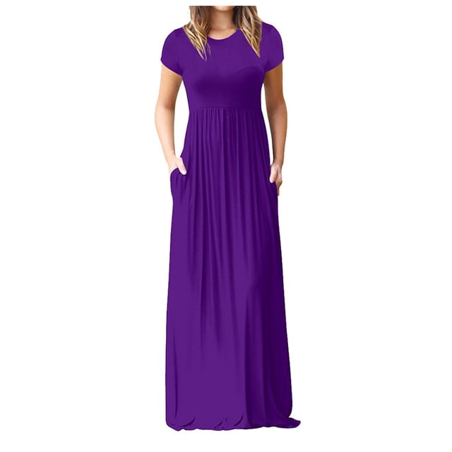 Robe Décontractée pour Femmes Femmes Col Rond Décontractée Poches Manches Courtes Robe Longueur au Sol Robe Ample de Soirée Vêtements pour Femmes G Beige