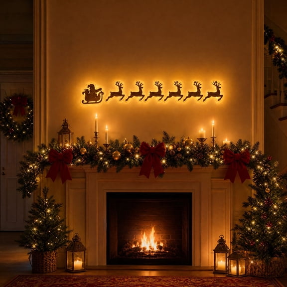 3D Light-Up Wooden Reindeer Christmas Decorations, Set of 7 Xmas Wall Lights, LED Lights Santa Sleigh Reindeer Wall Decorations, Festive Glowing Wall Decors for Home Winter Display