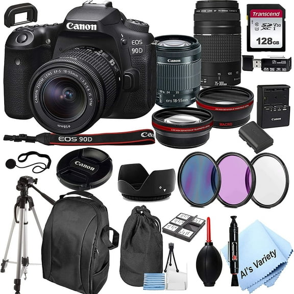 Canon EOS 90D DSLR Camera 18-55mm f/3.5-5.6 is STM Lens 75-300mm F/4-5.6 III Lens 128GB Card, Tripod,Back-Pack,Filters, 2X Telephoto Lens, (International Version) (International Version)