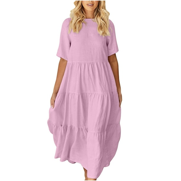 Summer Long Dresses for Women Cotton Linen Short Sleeve Dress Beach