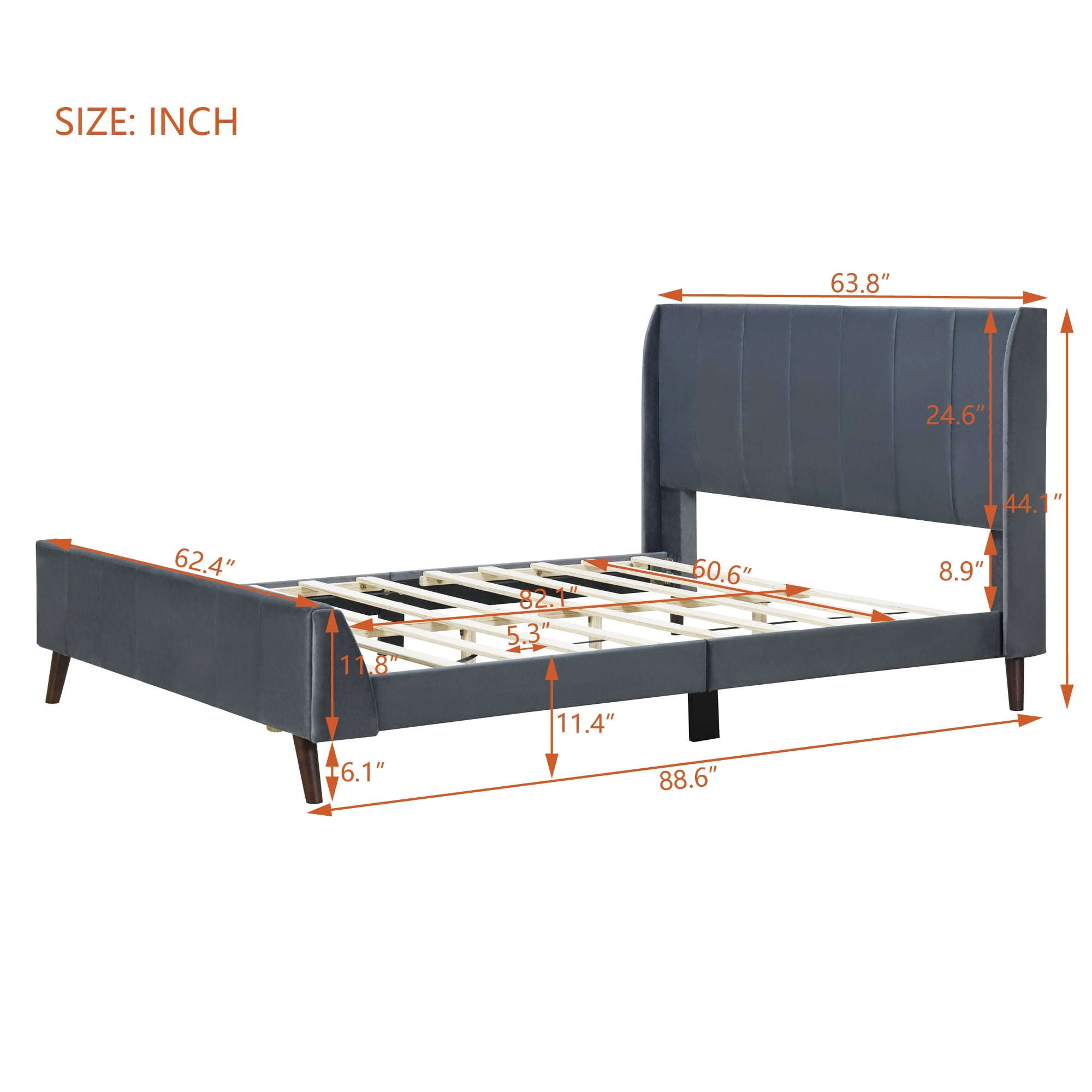 Aukfa Queen Size Upholstered Platform Bed, Velvet Vertical Stripe Bed Frame with Wingback Headboard, Gray