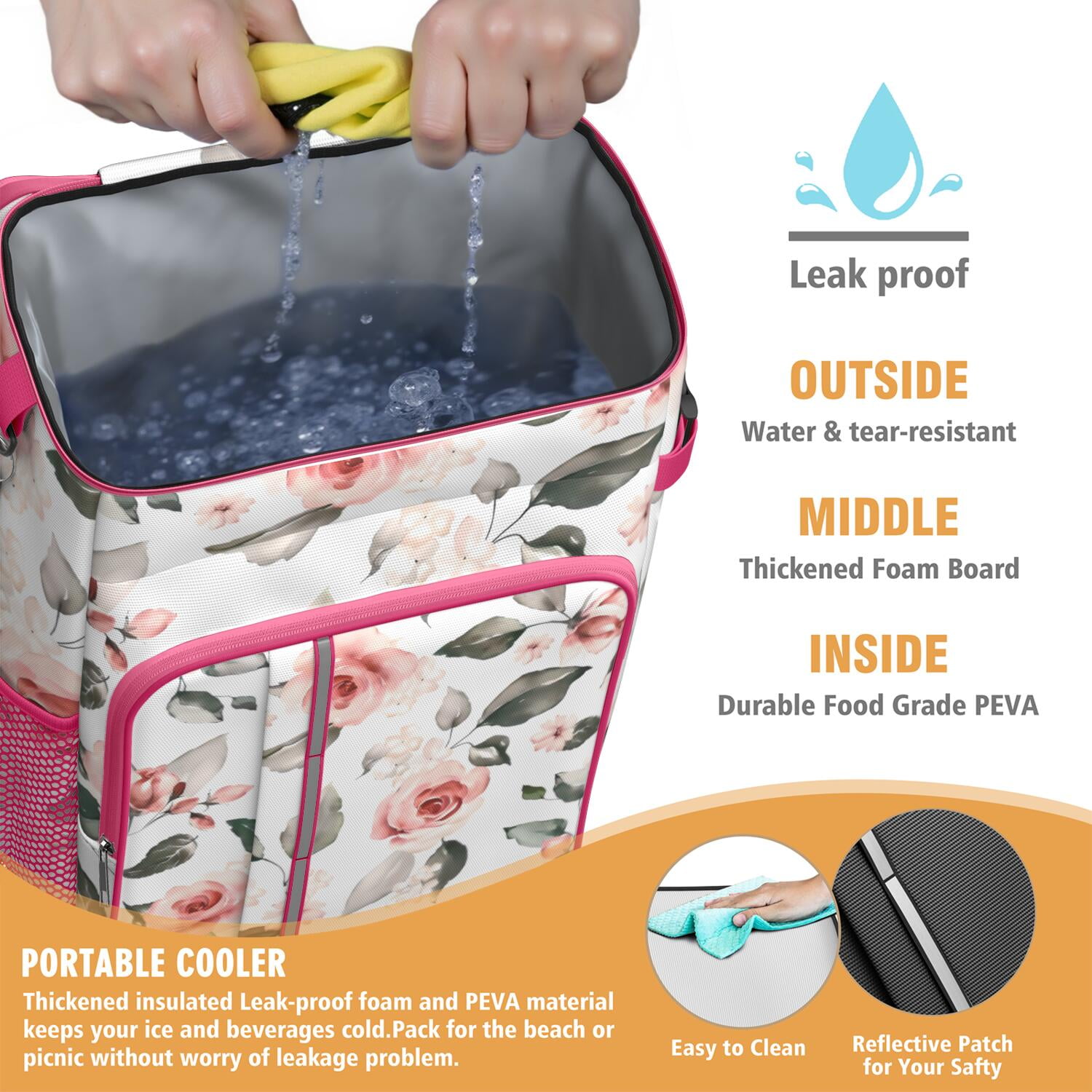 Travel Cooler Bag - Pioneer Flower Floral Print Pattern Camping Beer Cooler Backpack with Bottle Opener- Waterproof Insulated Picnic Backpacks - Cooler Bag for Beach