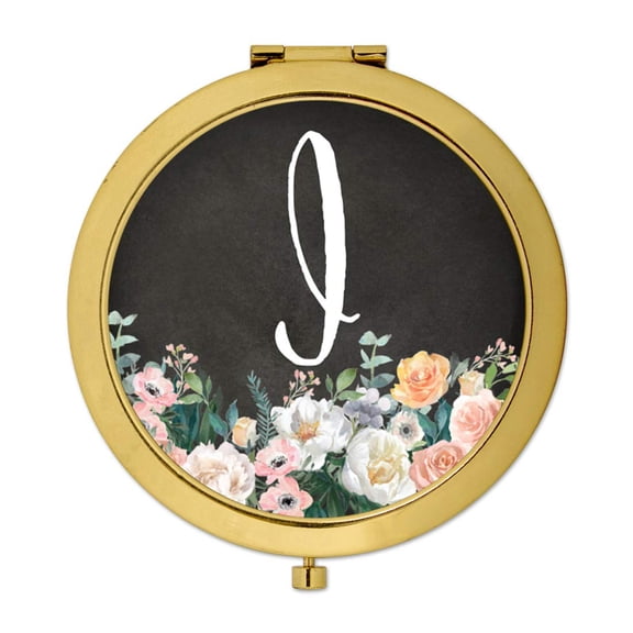 Koyal Wholesale Gold Compact Mirror Bridesmaid's Wedding Gift, Peach Flower Florals on Chalkboard, Monogram Letter I