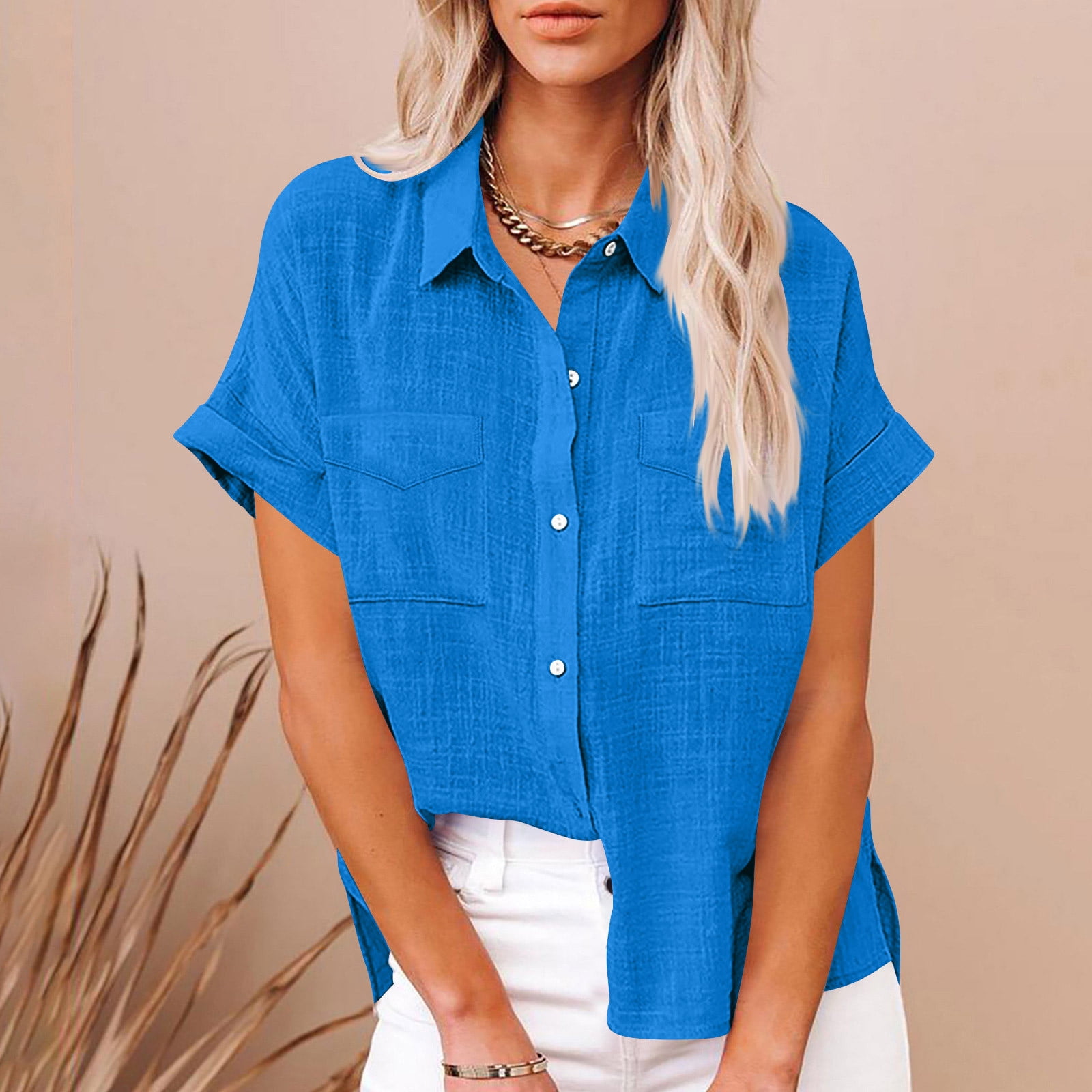 Chemise Femme Été Manches Courtes - Chemisier Chic Et Élégant En Coton Lin, Boutons, Col Revers, Haut Décontracté Plissé