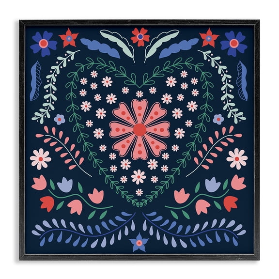 Stupell Industries Folk Flowers in Heart Pattern Floral Painting Black Framed Art Print Wall Art, 12 x 12