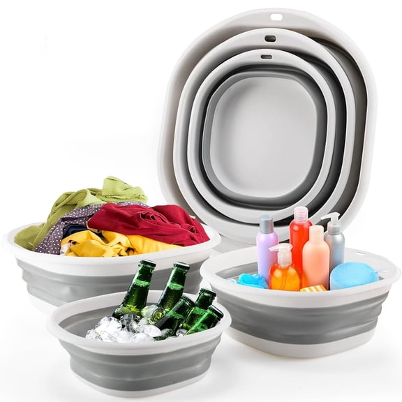 GMZW 3-Piece Foldable Washbasin Set, Space-Saving Collapsible Sink for Dishwashing, Camping, Hiking & Apartments, Portable Utility Basin for Fruits & Beverages (Grey)
