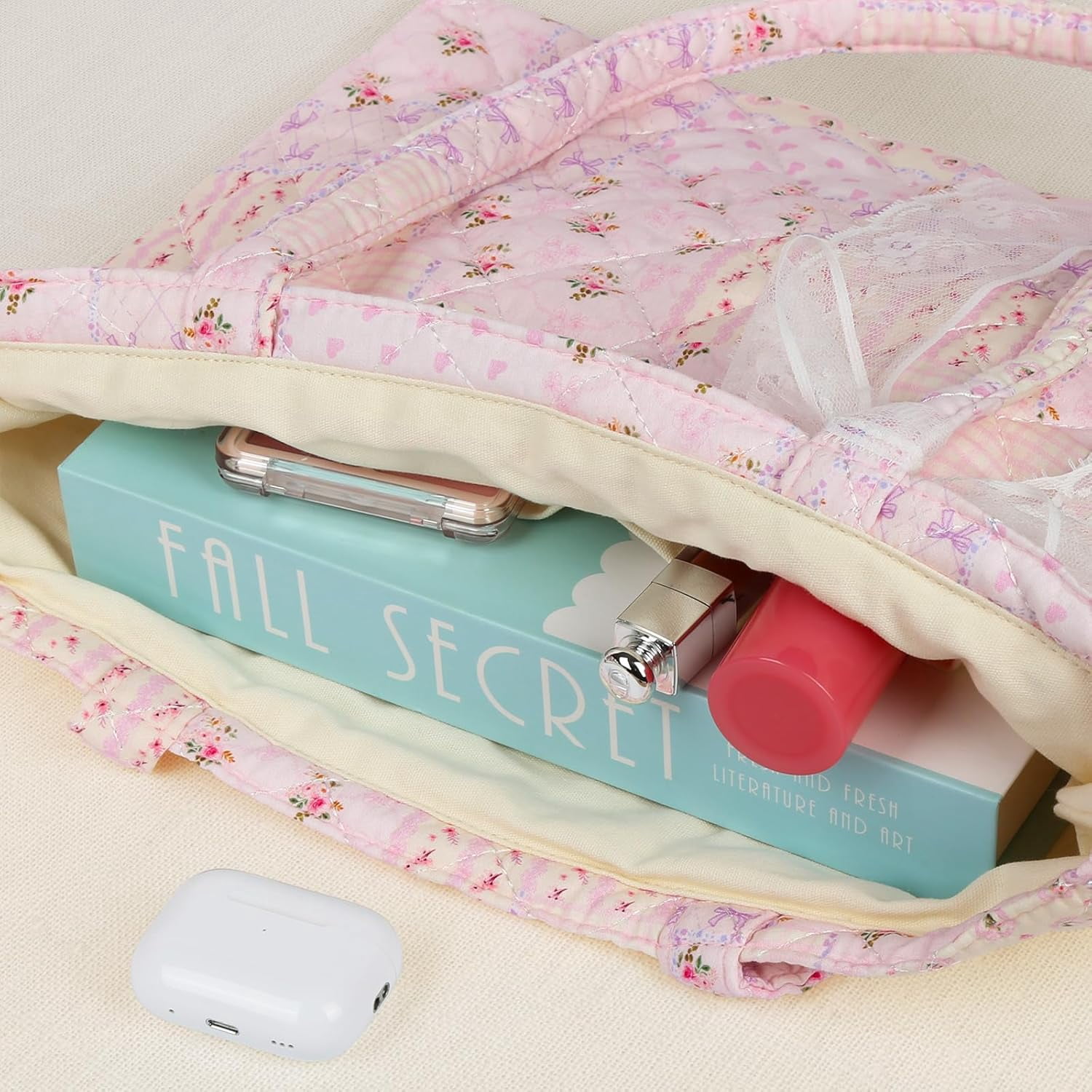 Quilted Small Tote Bag for Women, Lightweight Floral  Bag,Soft College Travel Work Bag Everyday Purse