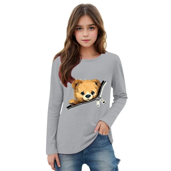 UQJfacai Girls Long Sleeve Shirts Kids Bear Graphic Tees Casual Fall Tunic Tops Fashion Crewneck Cute Blouses 2-15 Years