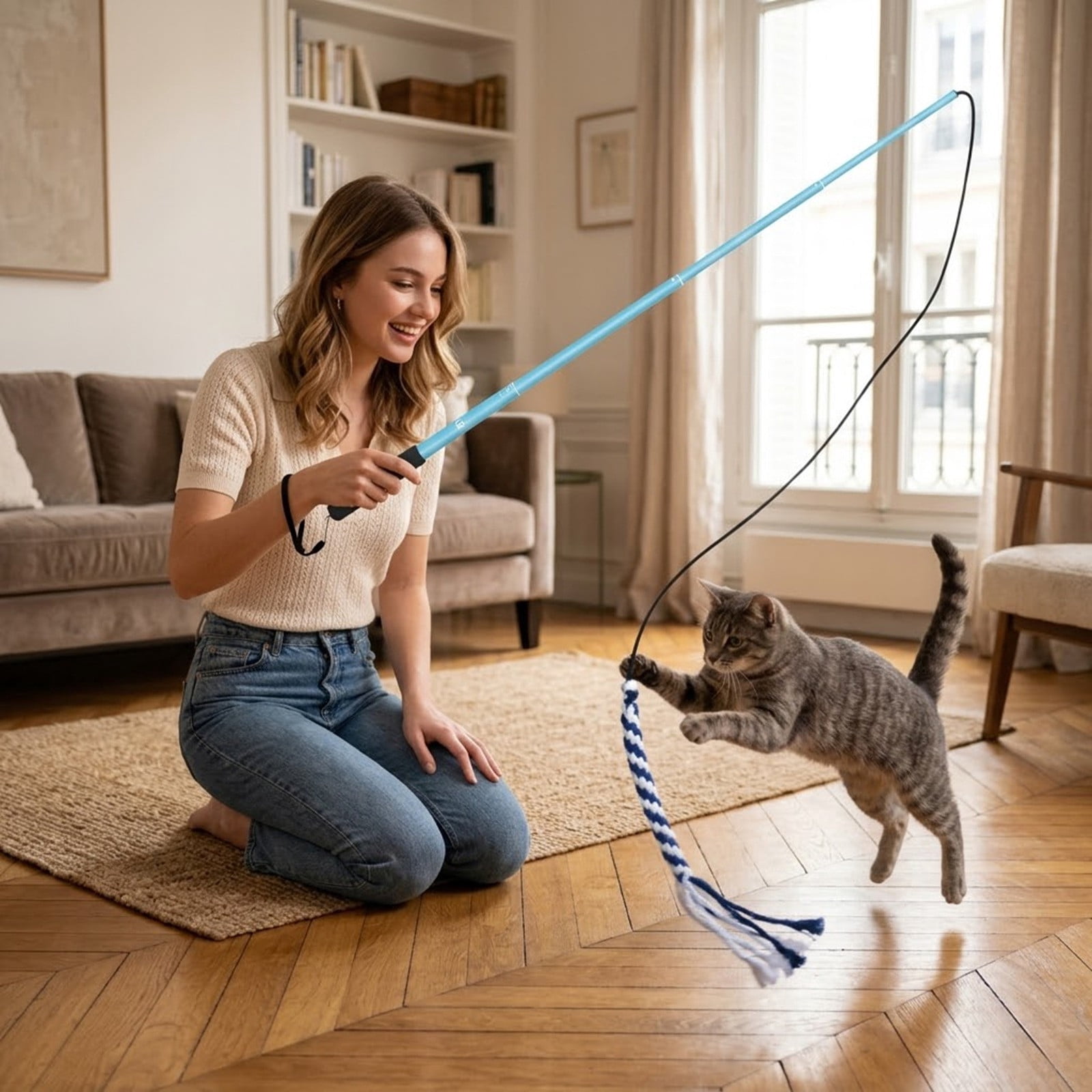Interactive Cat Toy Retractable Teaser Wand with Braided Rope Tug Toy Flexible Exercise Stick for Indoor Cat Kitten Small Pet Boredom Relief and Training