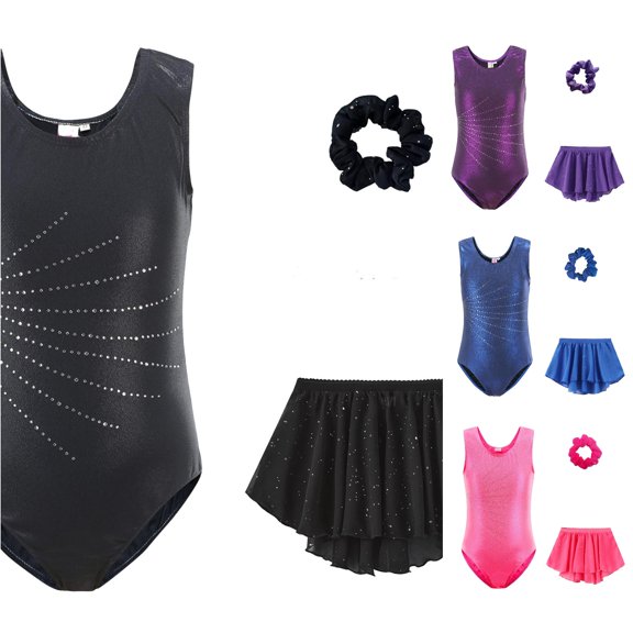 Girls Long Sleeve Dance Gymnastics Outfit With Glitter Rhinestone Print Leotard Pants Headband Performance Girls Casual Outfit Sets